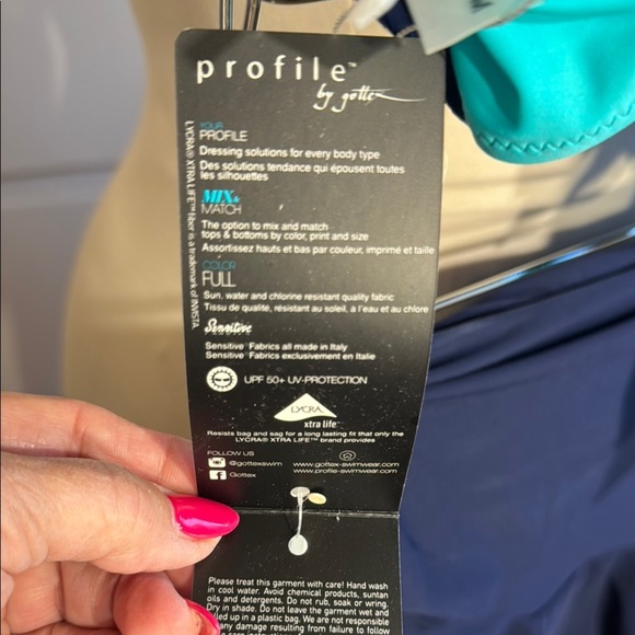 Super Cute Holypick Top & Gottex Bottom Teal/Navy Bikini Set Perforated Ruffle - Picture 12 of 15